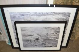 Three photographic prints, waves, framed and glazed