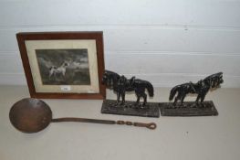Pair of door stops formed as horses, vintage metal ladle and a coloured print of a dog