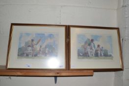 Hugh Cushing, four coloured prints, cricketing scenes, framed and glazed