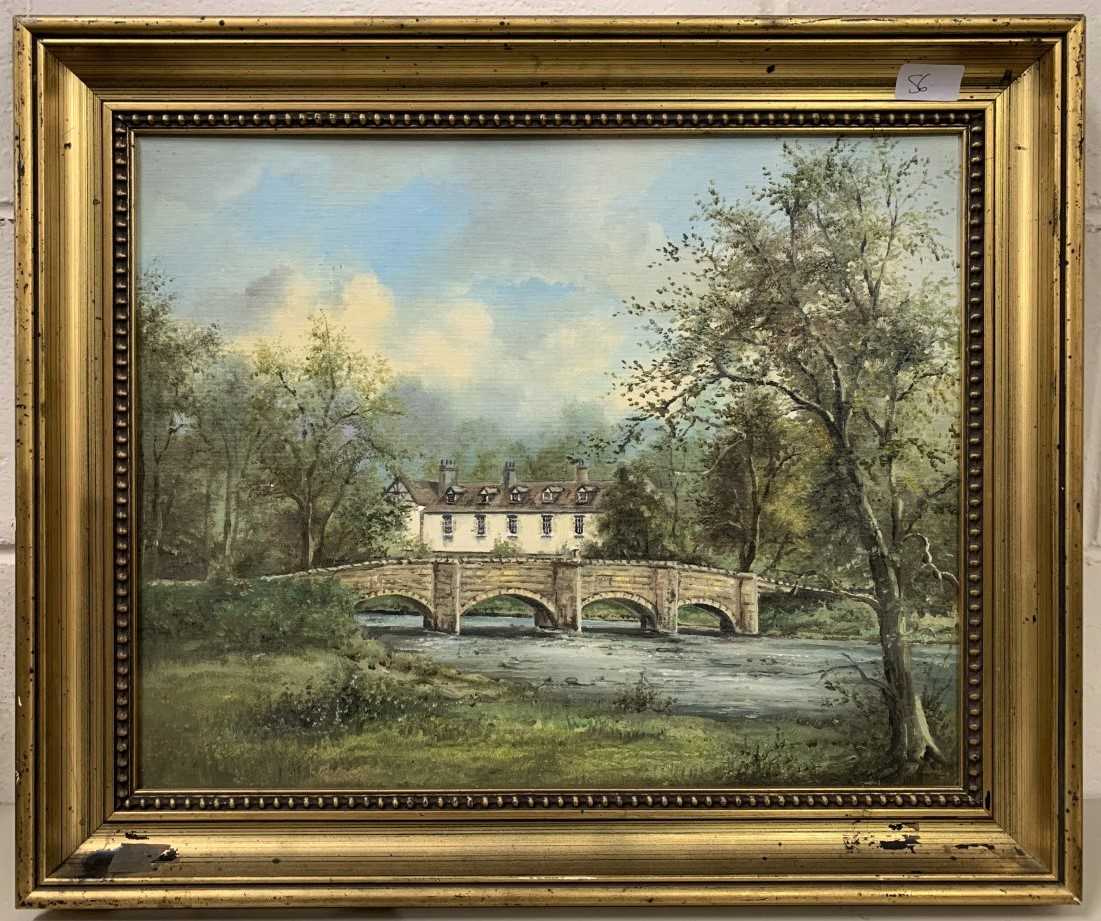 British School, 20th century, riverbank view, oil on board,15x19ins, gilt framed.