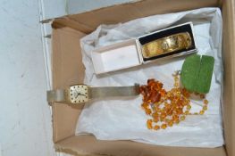 Box of mixed items to include a 9ct bracelet with base metal core, gents wristwatch and other