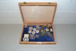 Box containing a collection of various enamelled commemorative coins and others