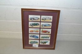 Players cigarette cards, motor car series, framed