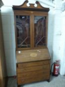 Edwardian mahogany bureau bookcase cabinet with inlaid shell decoration