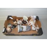 Box of various mixed ornaments, a selection of monk shaped items etc