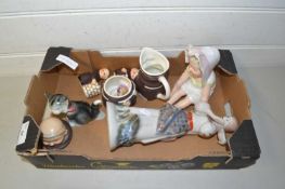 Box of various mixed ornaments, a selection of monk shaped items etc