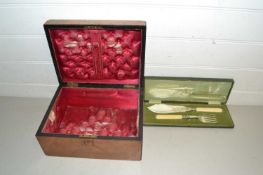 Walnut former jewellery box together with cased fish servers