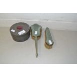 Mixed Lot: Small pewter mounted dressing table box and two dressing table brushes