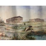 "Temples at Paestum, 60 miles from Naples on the Brindisi Line", watercolour, inscribed "Athos" to