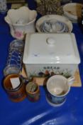 Mixed Lot: Modern bread bin, chamber pot, jardiniere, various other assorted ceramics