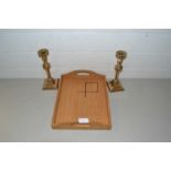 Pair of brass candlesticks and a serving tray