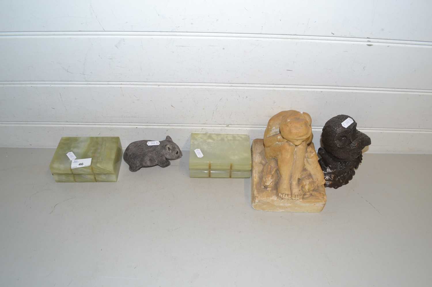 Mixed Lot: Polished stone bookends, resin model of an owl, plasterwork model of a child with a