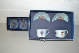 Wedgwood Celebration of Millenium boxed cup set together with Stuart crystal glasses