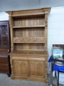 20th Century pine dresser or side cabinet with shelved back with five small drawers over a base
