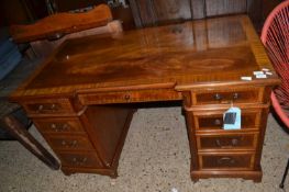 Reproduction mahogany veneered twin pedestal office desk, 138cm wide