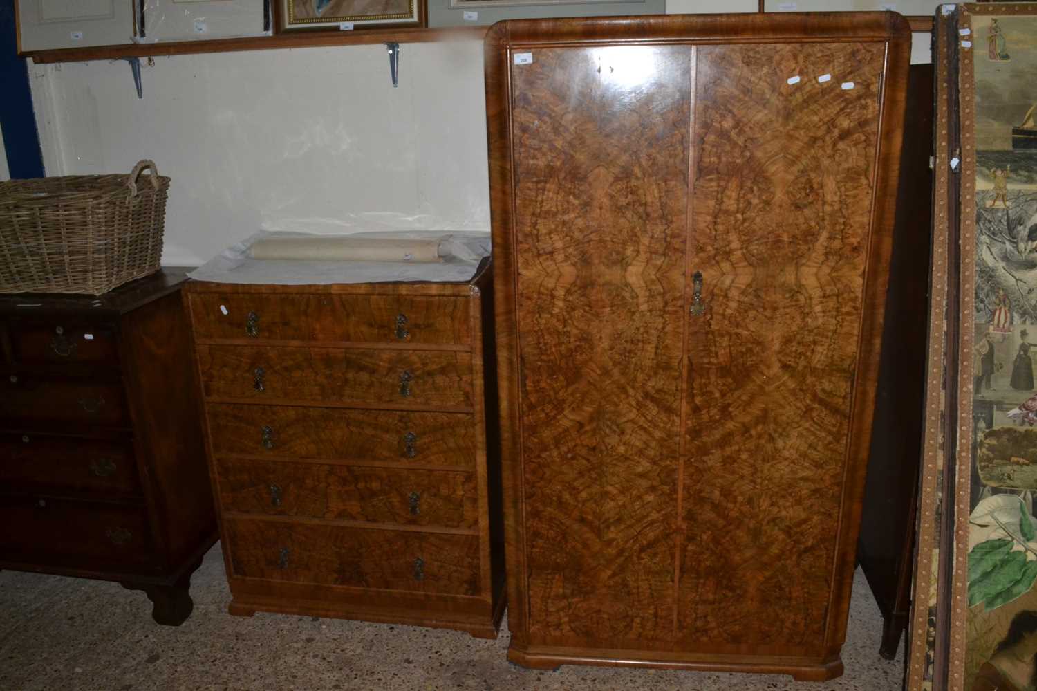Early 20th Century walnut veneered double door wardrobe and accompanying five drawer chest