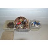 Three boxes of various assorted coinage, costume jewellery and other items