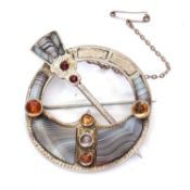 Antique Victorian Scottish Penannular Celtic brooch, agate and citrine set, circa 1860, stamped
