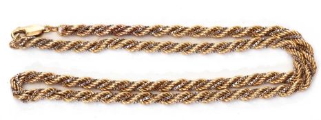 9kt and 375 stamped two tone chain, a rope twist and box link design, 19.2 gms, 24cm long