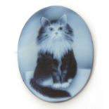 Modern glass oval plaque engraved and coloured with a seated cat, 40 x 28 mm