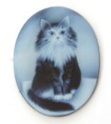 Modern glass oval plaque engraved and coloured with a seated cat, 40 x 28 mm