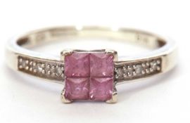 Modern 9ct white gold pink stone and diamond ring, the pink centre stone comprising of four small