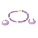 Mixed Lot: Modern lavender jade bracelet stamped 14k and 585 together with a pair of lavender jade