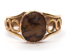 Antique oval moss agate ring, the oval agate in a cut down setting and raised between pierced