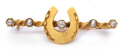 Antique horseshoe brooch, highlighted with old cut diamonds and two seed pearls, verso stamped 18,