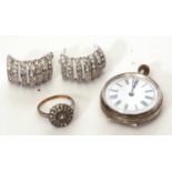 Mixed Lot: 9ct and sil marked paste ring, a pair of half hoop paste earrings and a fob watch