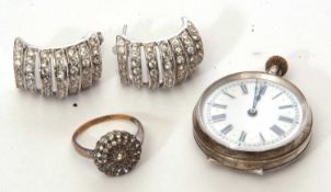 Mixed Lot: 9ct and sil marked paste ring, a pair of half hoop paste earrings and a fob watch