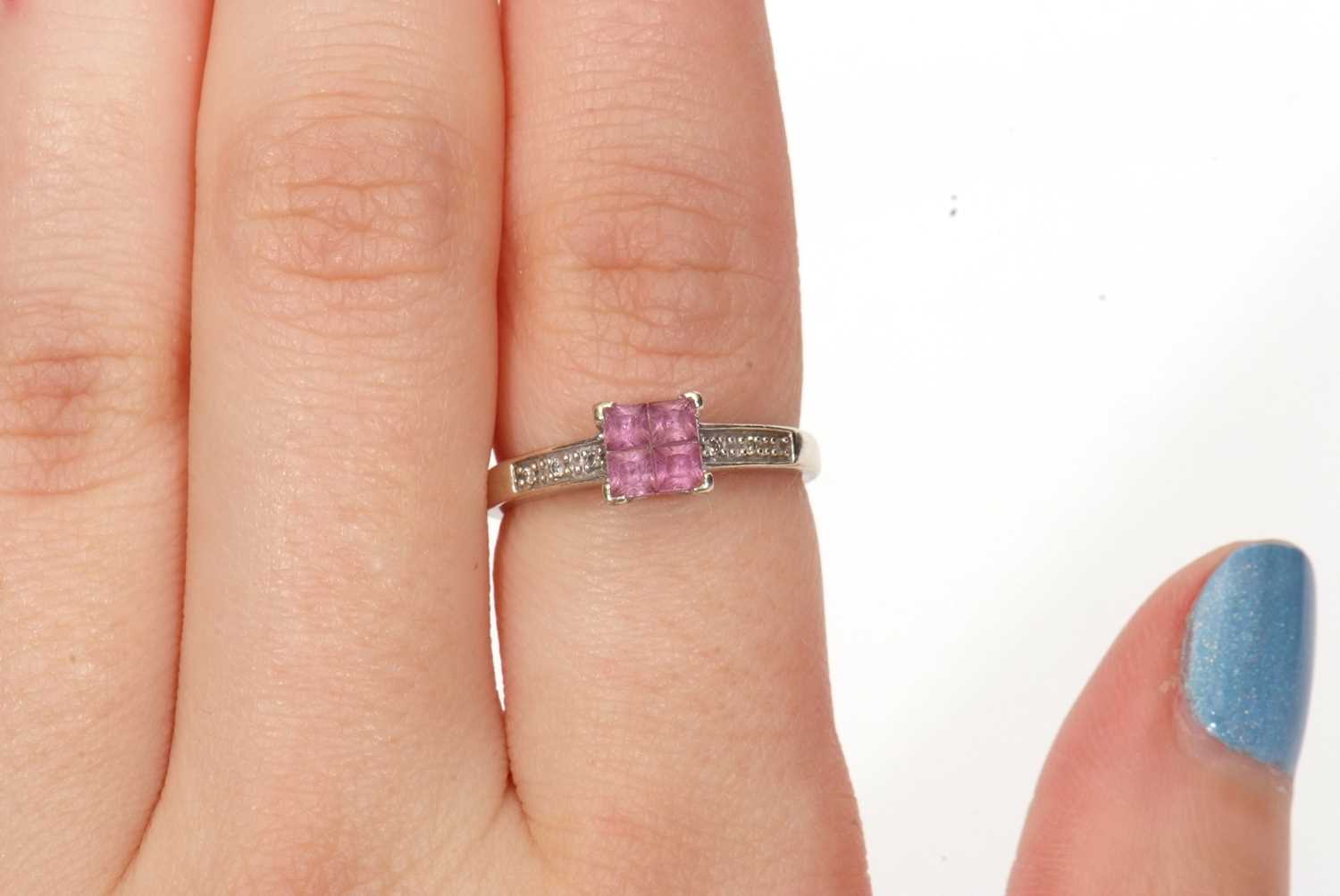 Modern 9ct white gold pink stone and diamond ring, the pink centre stone comprising of four small - Image 9 of 9