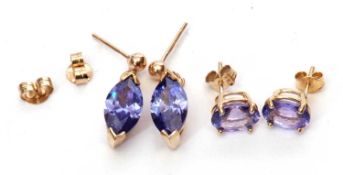 A pair of 14k stamped iolite earrings, oval faceted shape together with a 9ct iolite gold marquis