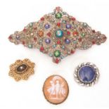 Mixed lot to include an oval cameo brooch depicting The Three Graces, a white metal and lapis lazuli