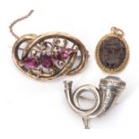 Mixed Lot: Hallmarked silver horn shaped brooch, Birmingham 1901, an antique gold filled red stone