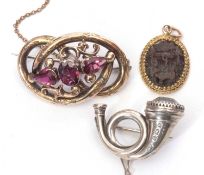Mixed Lot: Hallmarked silver horn shaped brooch, Birmingham 1901, an antique gold filled red stone