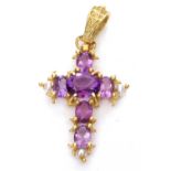 Modern amethyst and seed pearl cross pendant, the centre with oval faceted amethyst, the arms having