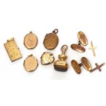 Mixed Lot: Gold filled fob with a tigers eye stone matrix, five gold plated lockets, two small metal