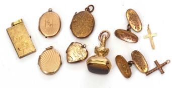 Mixed Lot: Gold filled fob with a tigers eye stone matrix, five gold plated lockets, two small metal