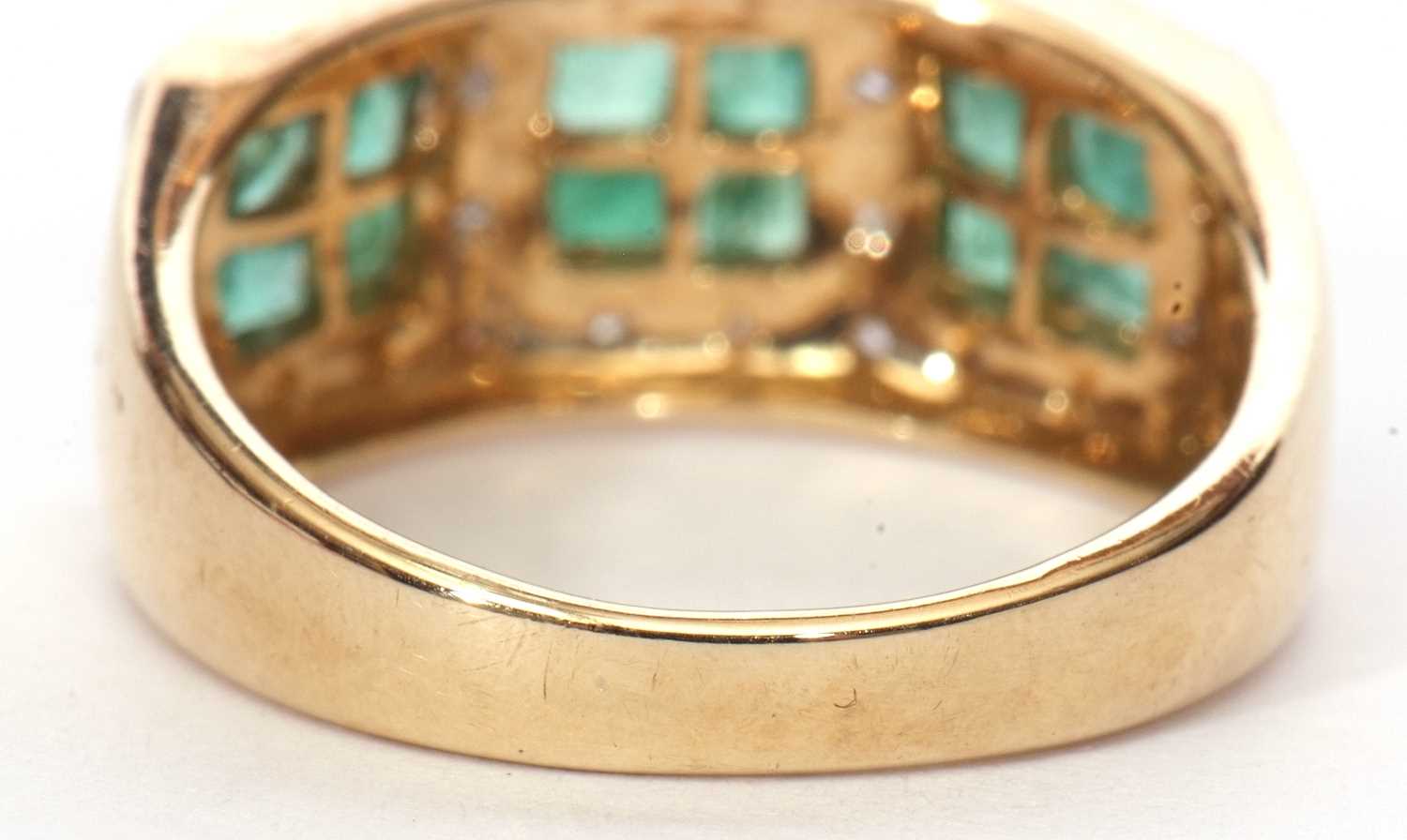 Modern 9ct gold emerald and diamond cluster ring, a design with three square panels made up of - Image 5 of 9