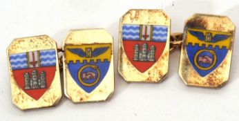 Pair of 9ct gold and enamel cufflinks or rectangular form with countered corners, with heraldic