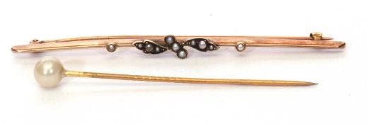 9ct stamped seed pearl set brooch, 75mm long together with a pearl finial set stick pin