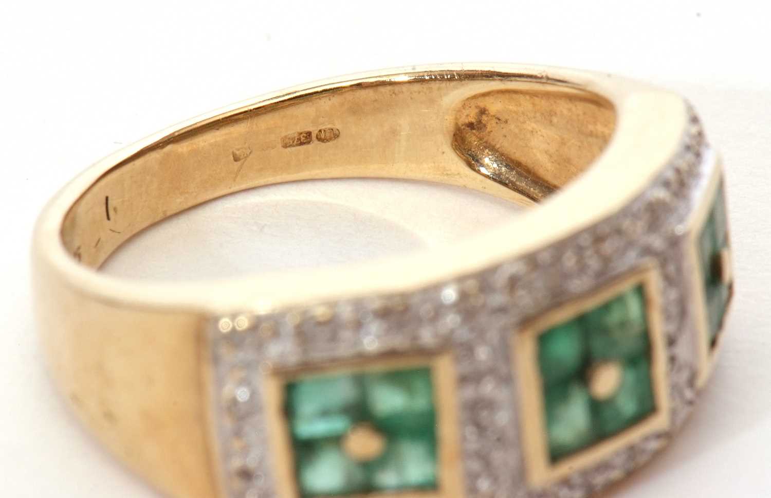 Modern 9ct gold emerald and diamond cluster ring, a design with three square panels made up of - Image 8 of 9