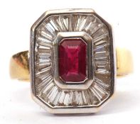 Modern Art Deco style cocktail ring, the centre rectangular cut ruby is bezel set within a