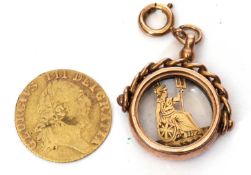Mixed Lot: 9ct gold framed fob, the gilded centre with a cut out image of Britannia (a/f) together