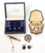 Mixed lot including a part cased hallmarked silver and blue enamal gents dress set, a part cased