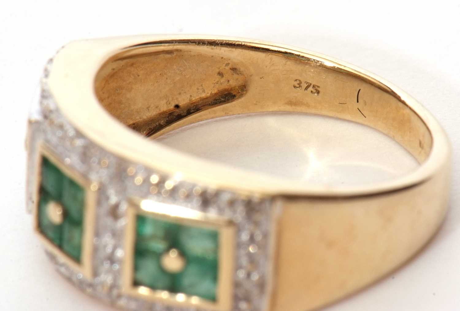 Modern 9ct gold emerald and diamond cluster ring, a design with three square panels made up of - Image 7 of 9