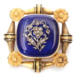 Antique enamel and diamond brooch, the square royal blue enamel panel set with small rose cut