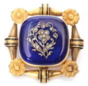 Antique enamel and diamond brooch, the square royal blue enamel panel set with small rose cut