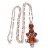 Modern 925 marked large amber and pearl pendant suspended from a 925 chain, overall size of the